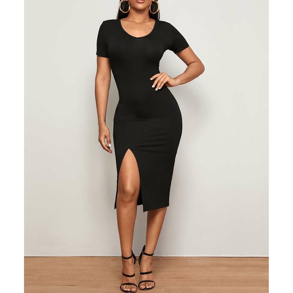 Black Short Sleeve Side Slit Basic Midi Dress